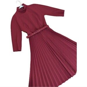 Ginger Jackie Size 40 Burgundy Pleated Midi Dress Vintage Parisian Chic Luxury